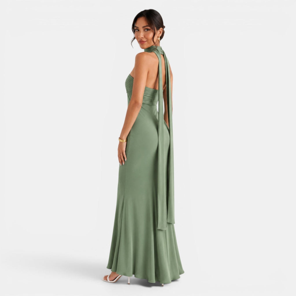 Elegante vestido largo de fiesta de invitada de boda con detalles de encaje y brillo sutil | Maxi