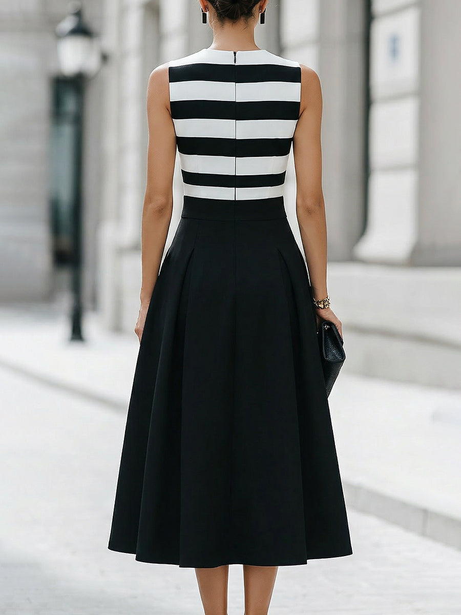 Vestido midi elegante de corte A, sin mangas, a rayas, con bolsillos
