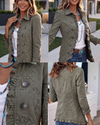 Leticia | Chaqueta Bordada Floral en Verde Oliva con Borde de Volantes