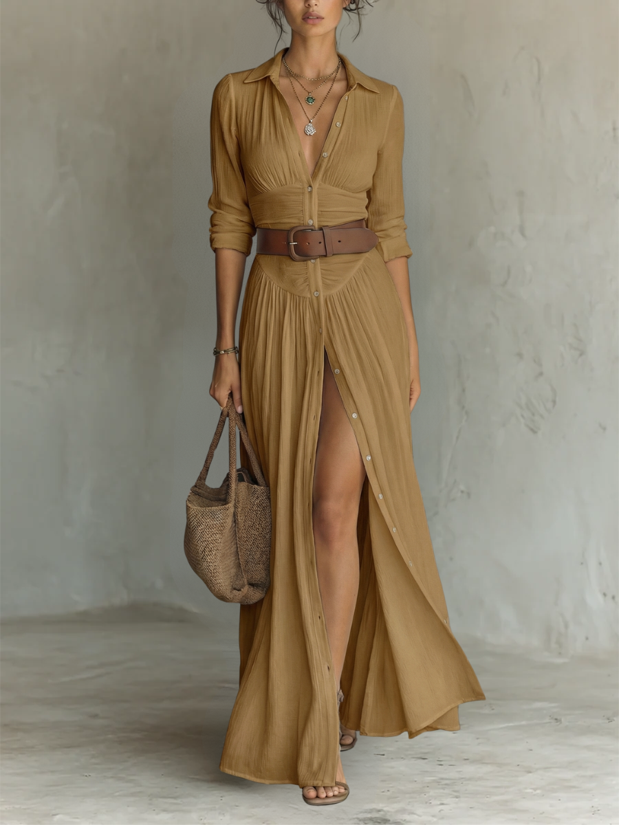 Alba | Vestido Maxi Largo con Cuello de Solapa y Mangas Largas