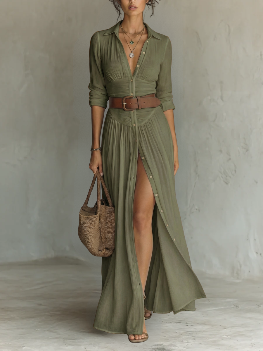 Alba | Vestido Maxi Largo con Cuello de Solapa y Mangas Largas