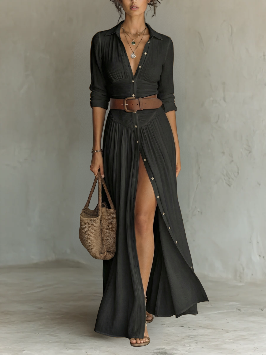 Alba | Vestido Maxi Largo con Cuello de Solapa y Mangas Largas