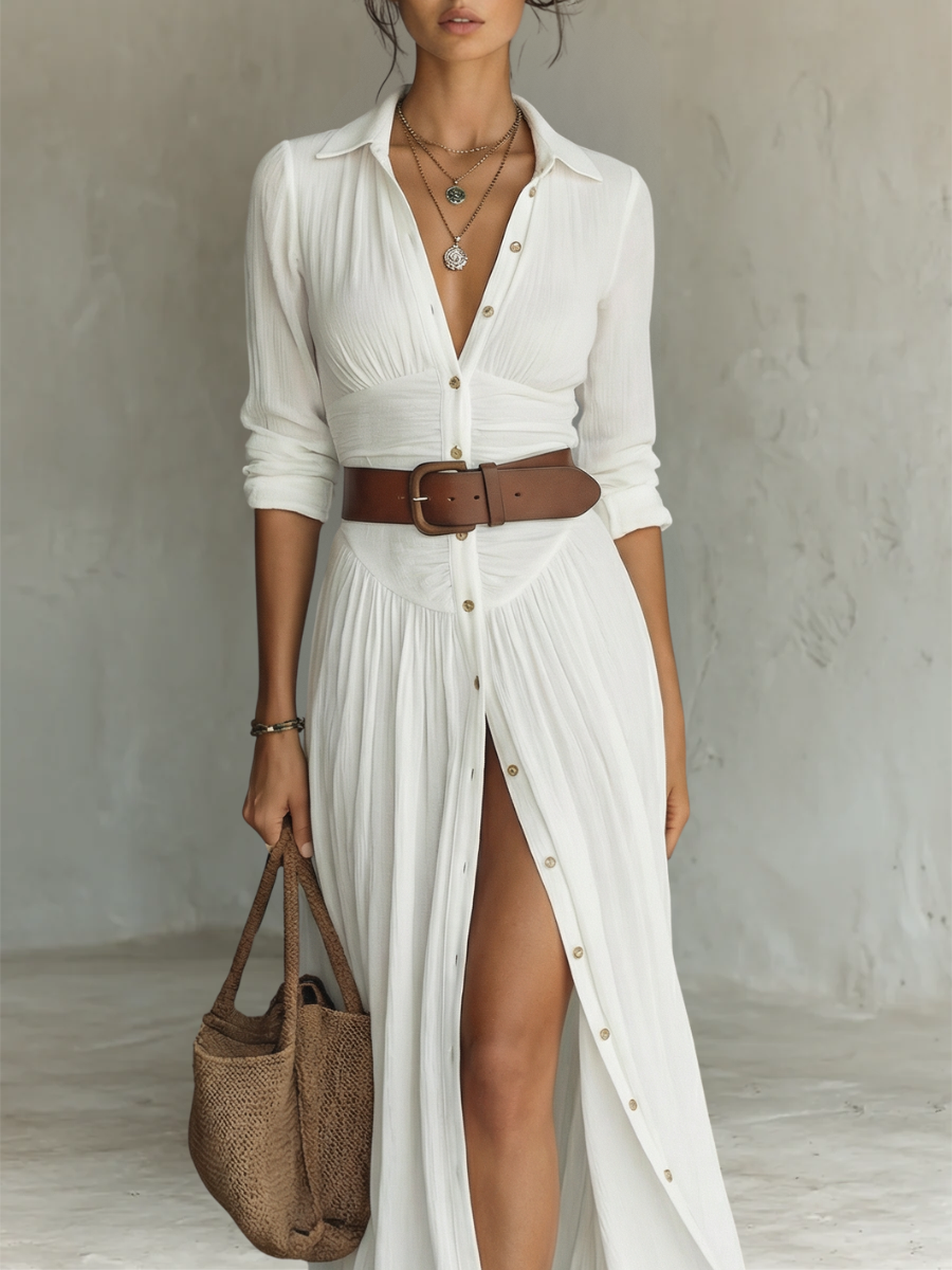 Alba | Vestido Maxi Largo con Cuello de Solapa y Mangas Largas