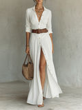 Alba | Vestido Maxi Largo con Cuello de Solapa y Mangas Largas