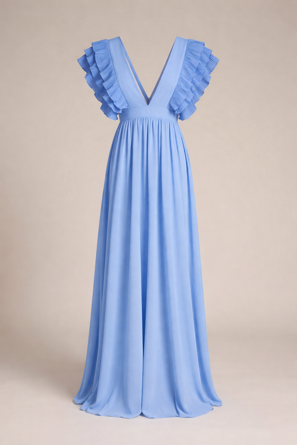Elegante vestido largo de fiesta y de invitada de boda con volantes y escote en V | Maxi
