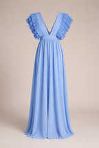 Elegante vestido largo de fiesta y de invitada de boda con volantes y escote en V | Maxi