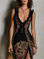 Indigo | Vestido Estampado de Estilo Boho con Escote en V Profundo y Abertura Alta