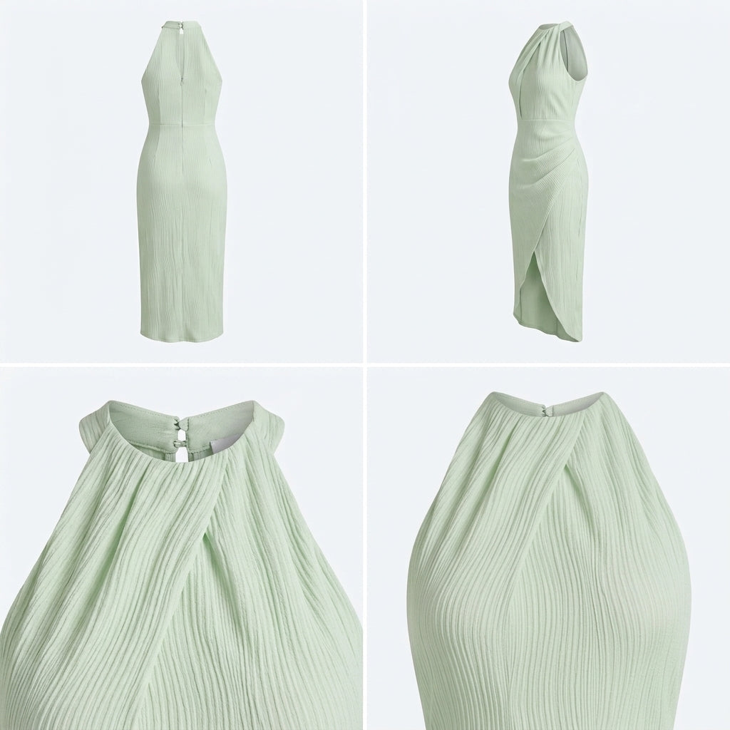 Elegante vestido plisado de invitada de boda con cuello halter | Midi