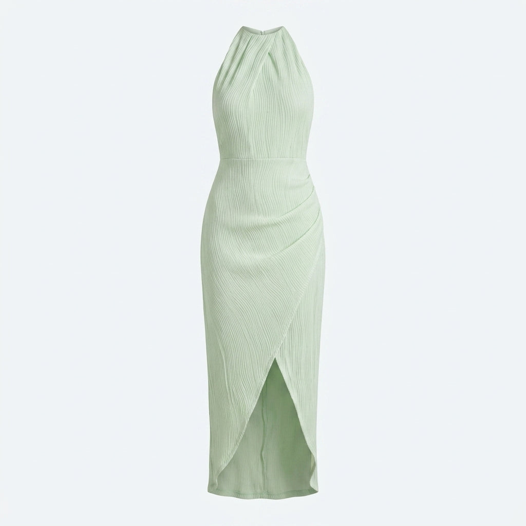 Elegante vestido plisado de invitada de boda con cuello halter | Midi