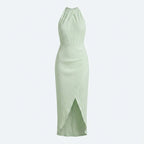 Elegante vestido plisado de invitada de boda con cuello halter | Midi