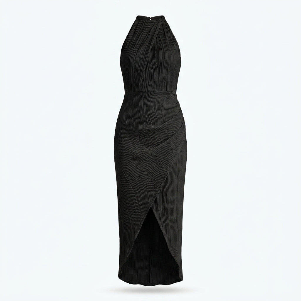 Elegante vestido plisado de invitada de boda con cuello halter | Midi