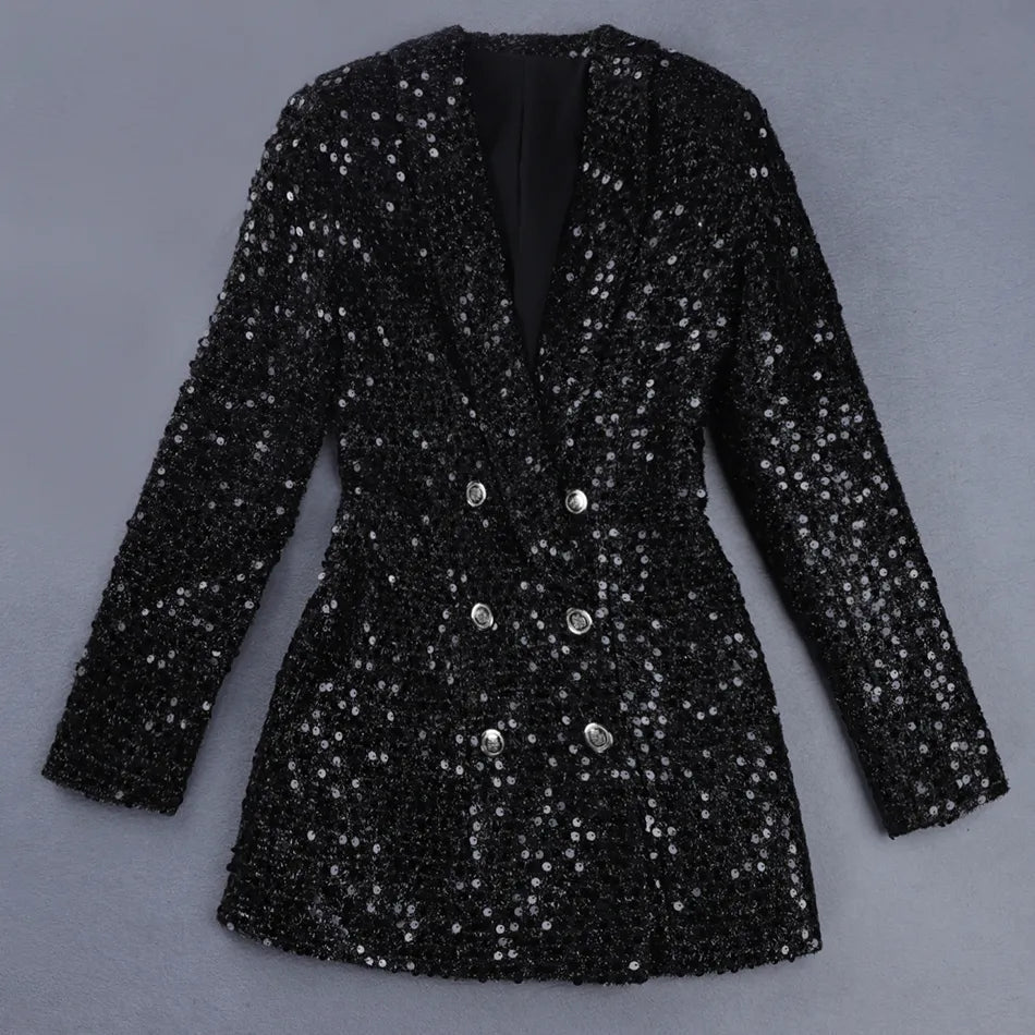 Elegante mono blazer de lentejuelas de invitada de boda con doble botonadura