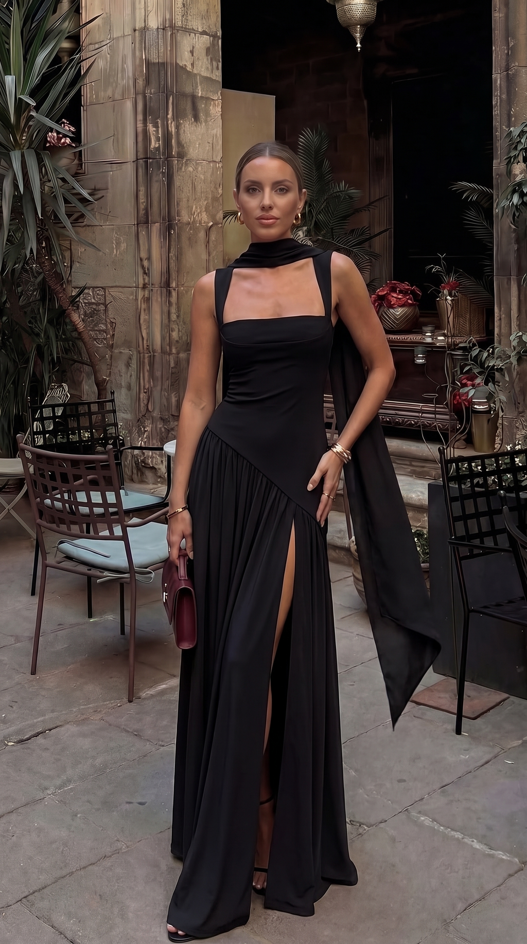 Vestido largo de invitada con escote cuadrado y abertura para mujer