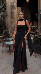 Vestido largo de invitada con escote cuadrado y abertura para mujer