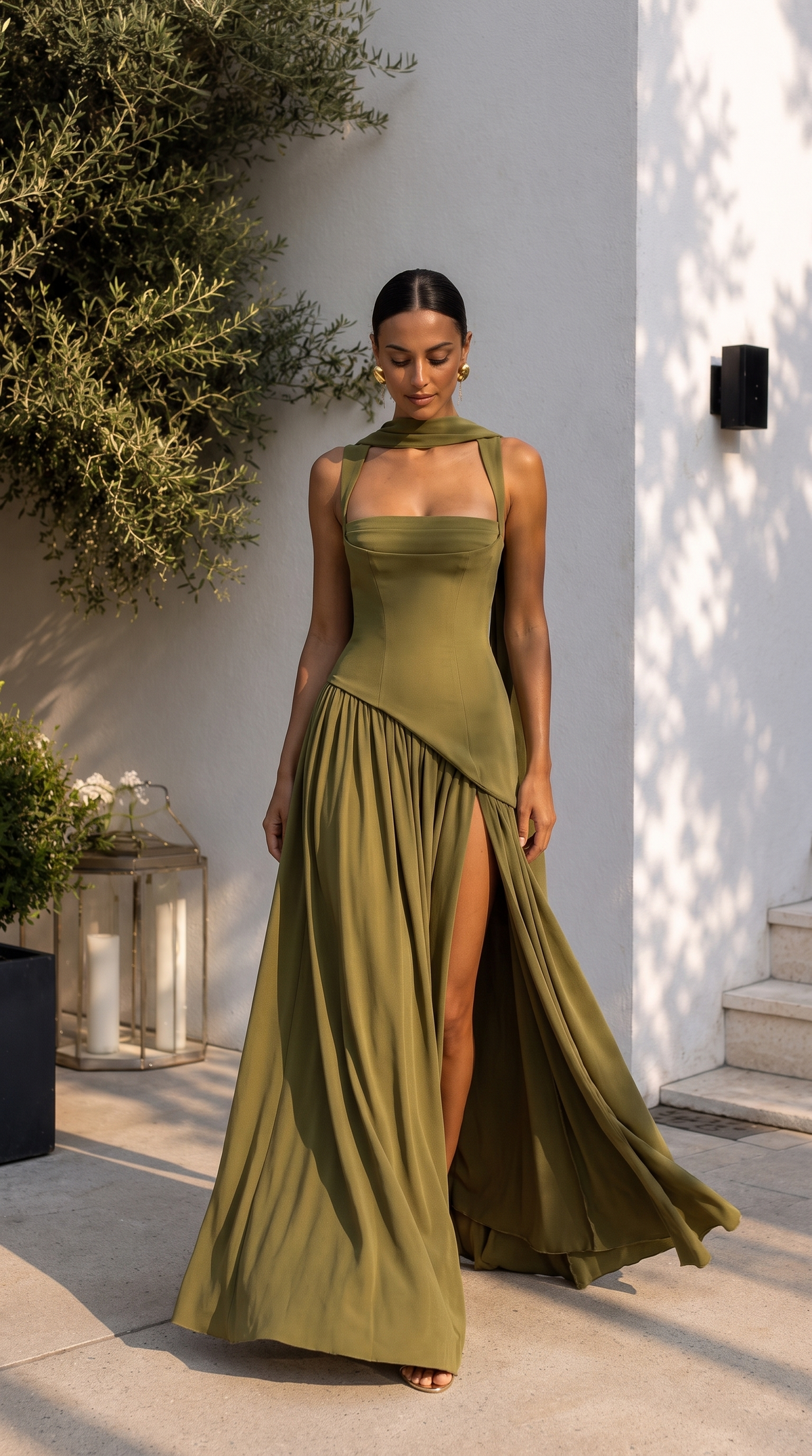 Vestido largo de invitada con escote cuadrado y abertura para mujer