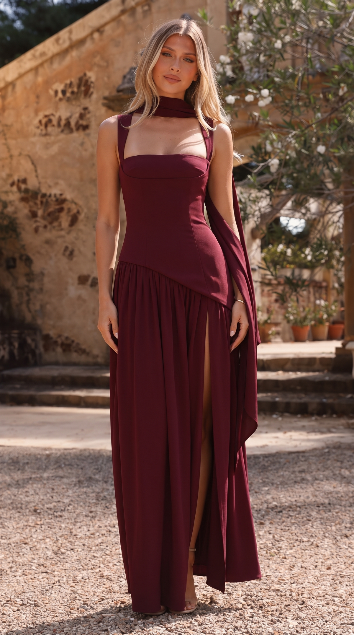 Vestido largo de invitada con escote cuadrado y abertura para mujer