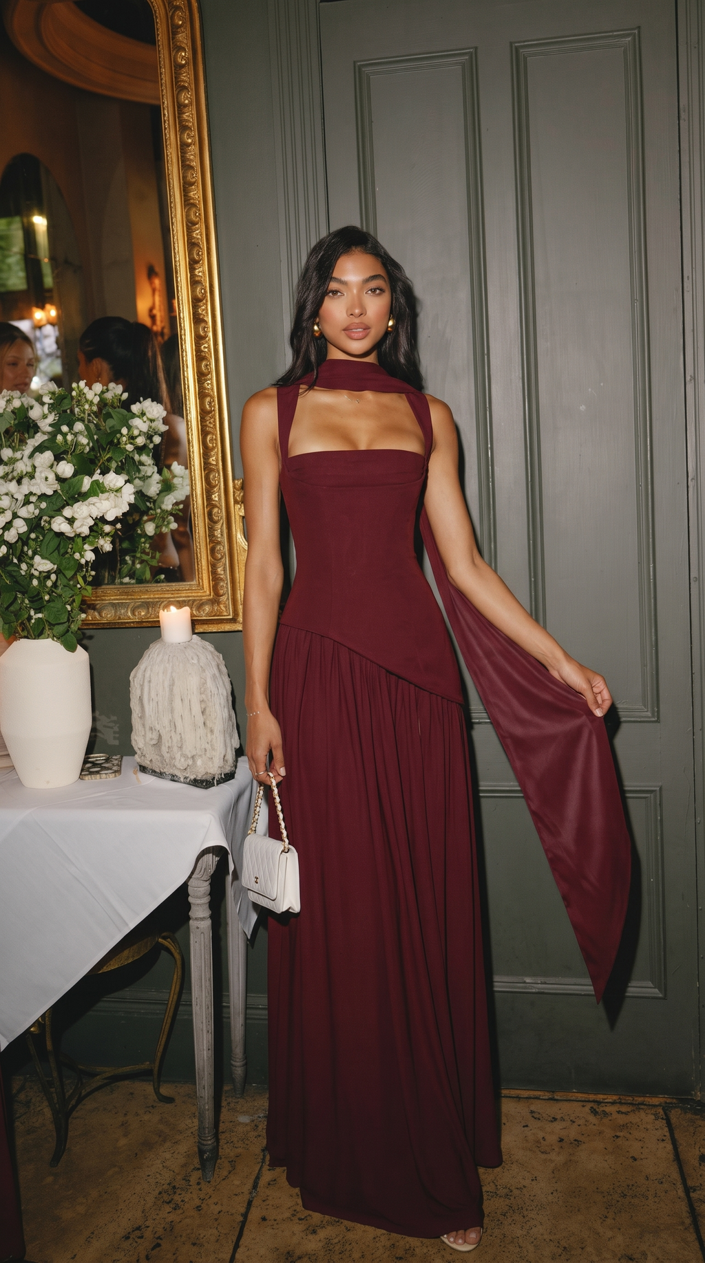 Vestido largo de invitada con escote cuadrado y abertura para mujer