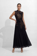 Vestido largo de encaje y gasa de invitada con cuello alto para mujer