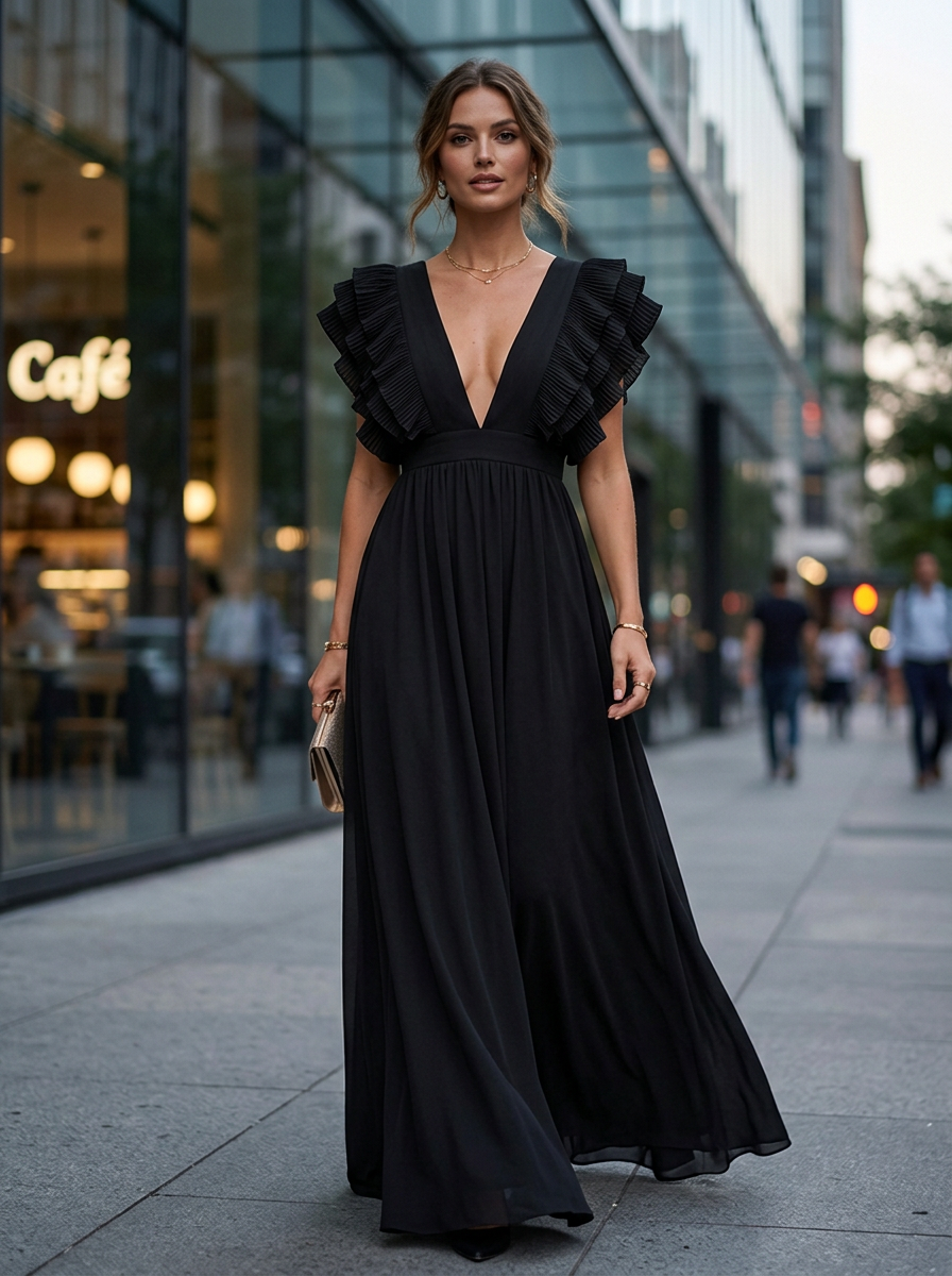 Elegante vestido largo de fiesta y de invitada de boda con volantes y escote en V | Maxi