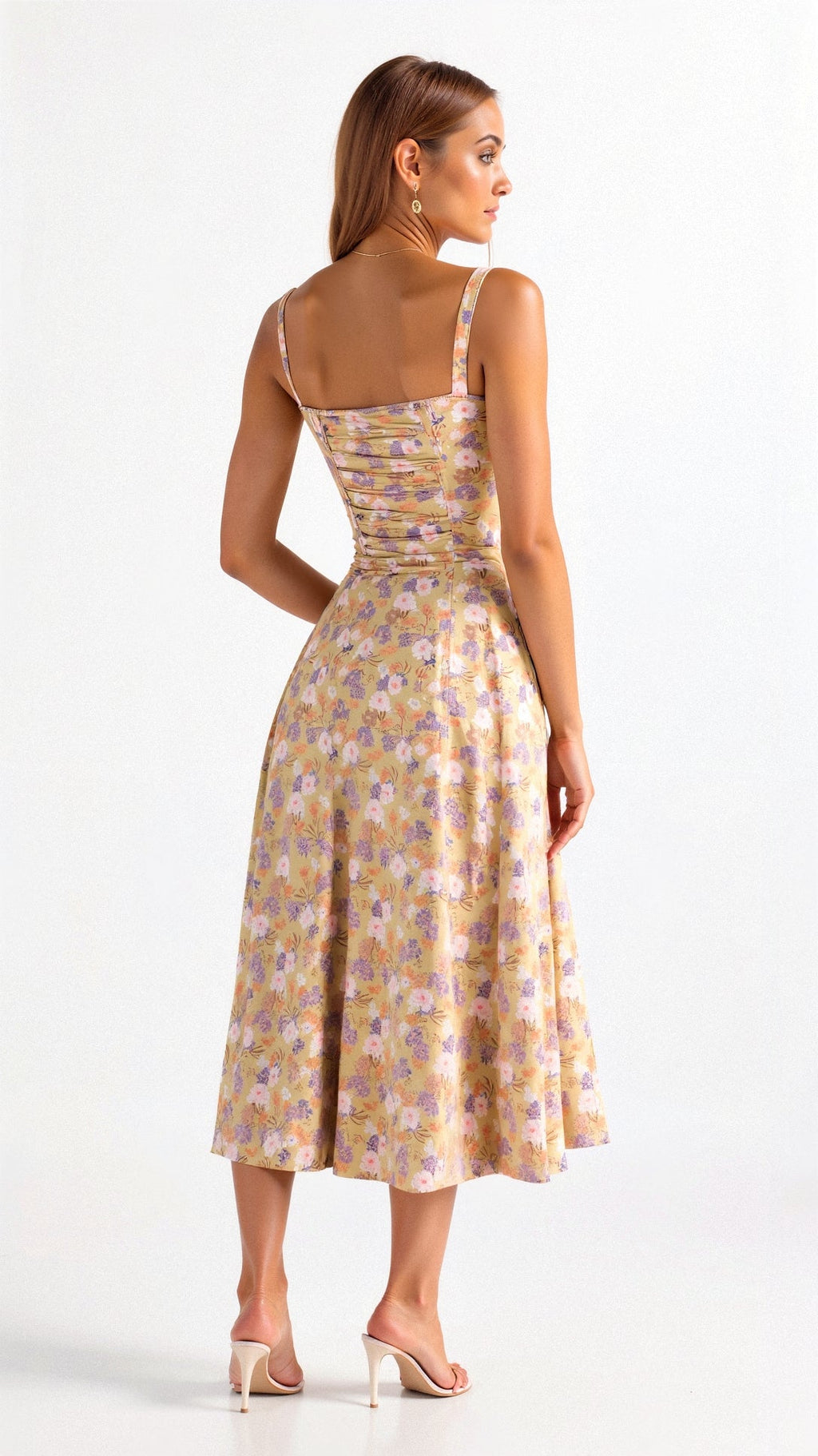 Refinado vestido midi de fiesta de invitada de boda con cuerpo de corsé y falda fluida | Midi