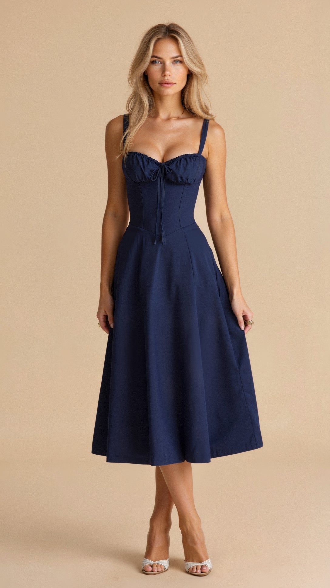 Refinado vestido midi de fiesta de invitada de boda con cuerpo de corsé y falda fluida | Midi