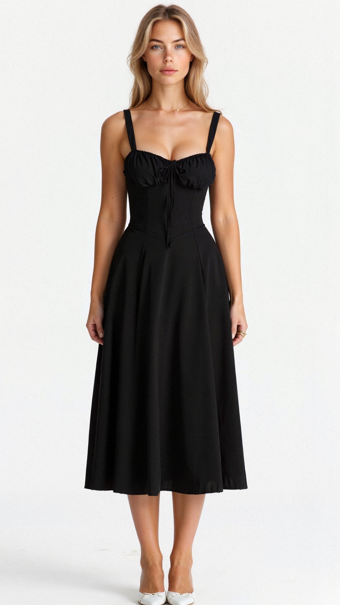 Refinado vestido midi de fiesta de invitada de boda con cuerpo de corsé y falda fluida | Midi