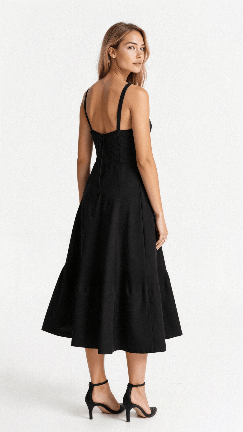 Refinado vestido midi de fiesta de invitada de boda con cuerpo de corsé y falda fluida | Midi