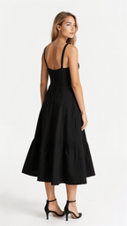 Refinado vestido midi de fiesta de invitada de boda con cuerpo de corsé y falda fluida | Midi
