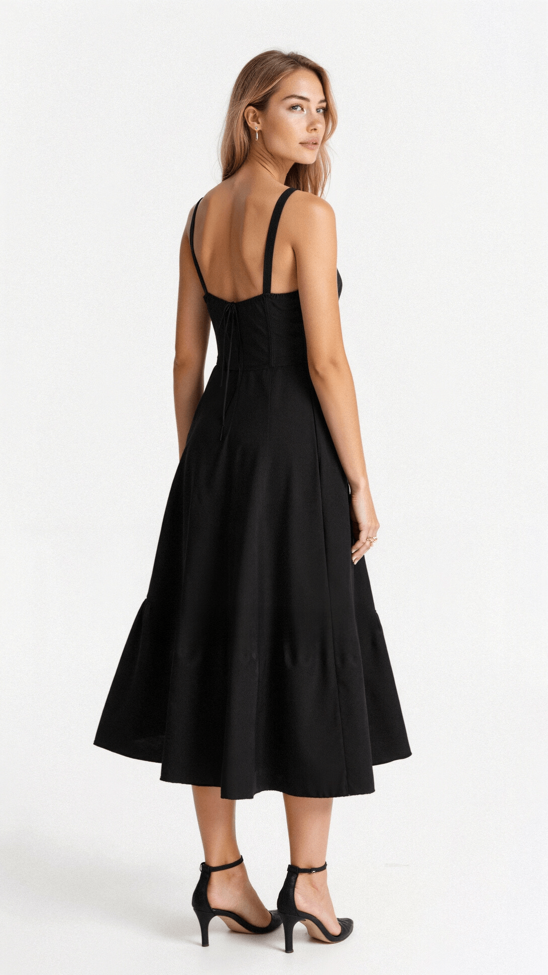 Refinado vestido midi de fiesta de invitada de boda con cuerpo de corsé y falda fluida | Midi