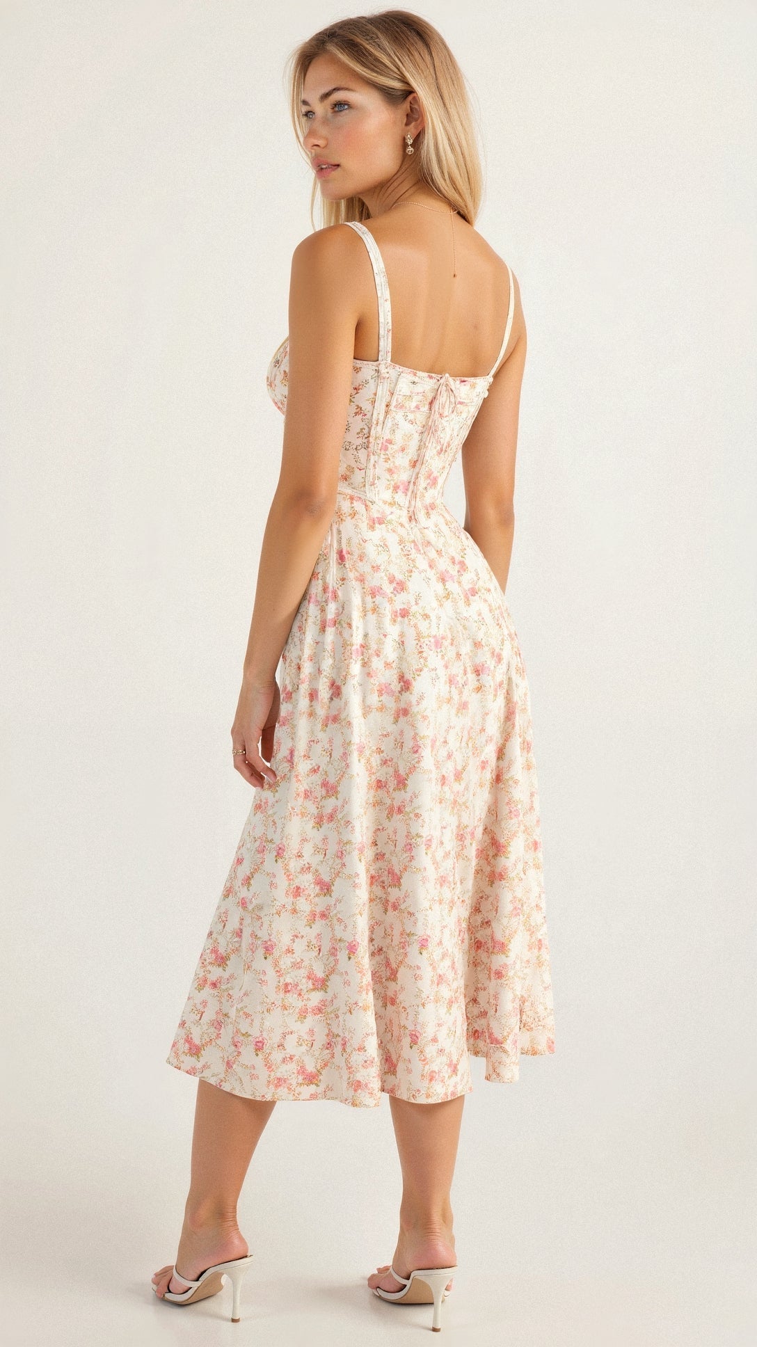 Refinado vestido midi de fiesta de invitada de boda con cuerpo de corsé y falda fluida | Midi
