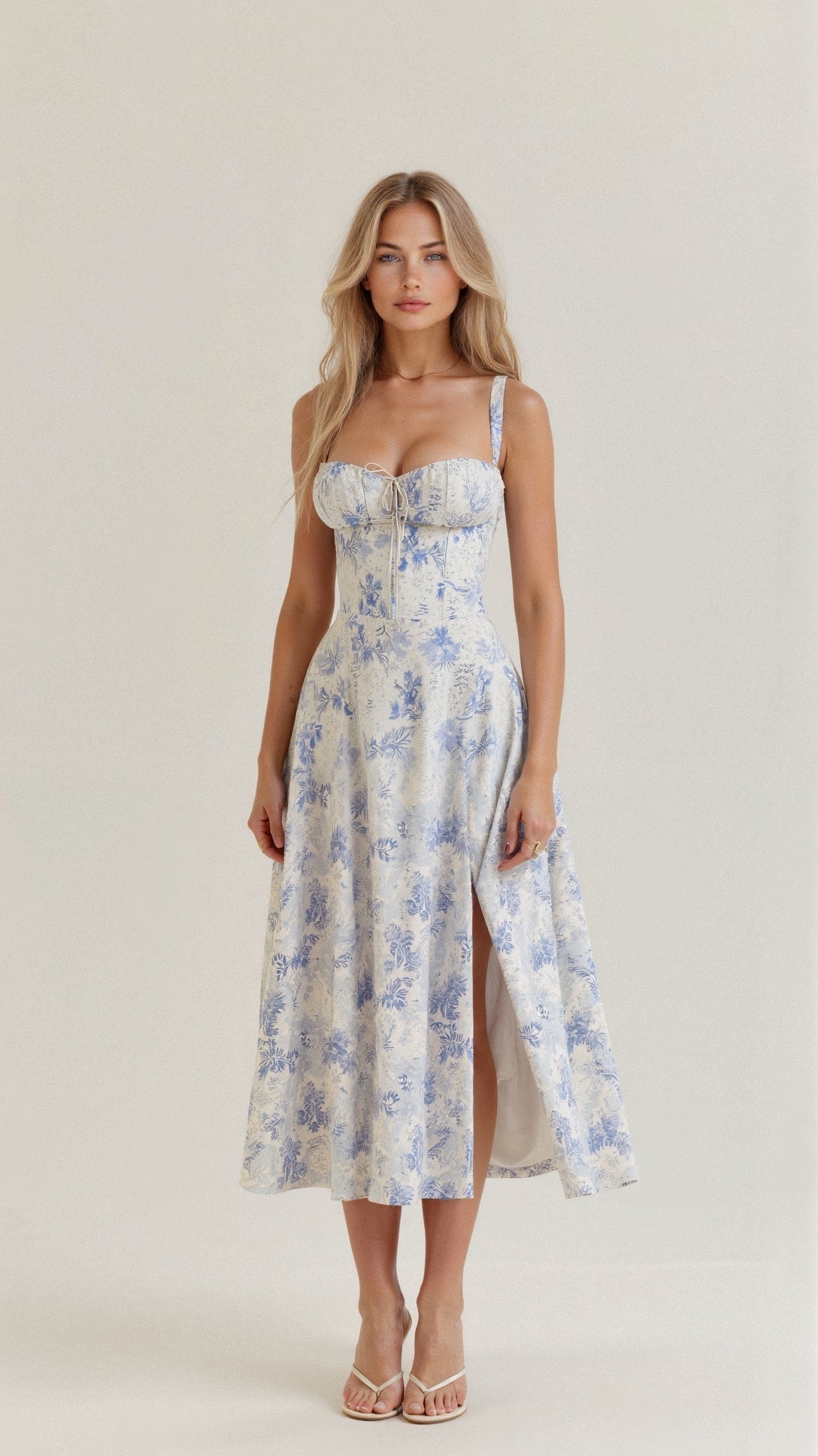 Refinado vestido midi de fiesta de invitada de boda con cuerpo de corsé y falda fluida | Midi