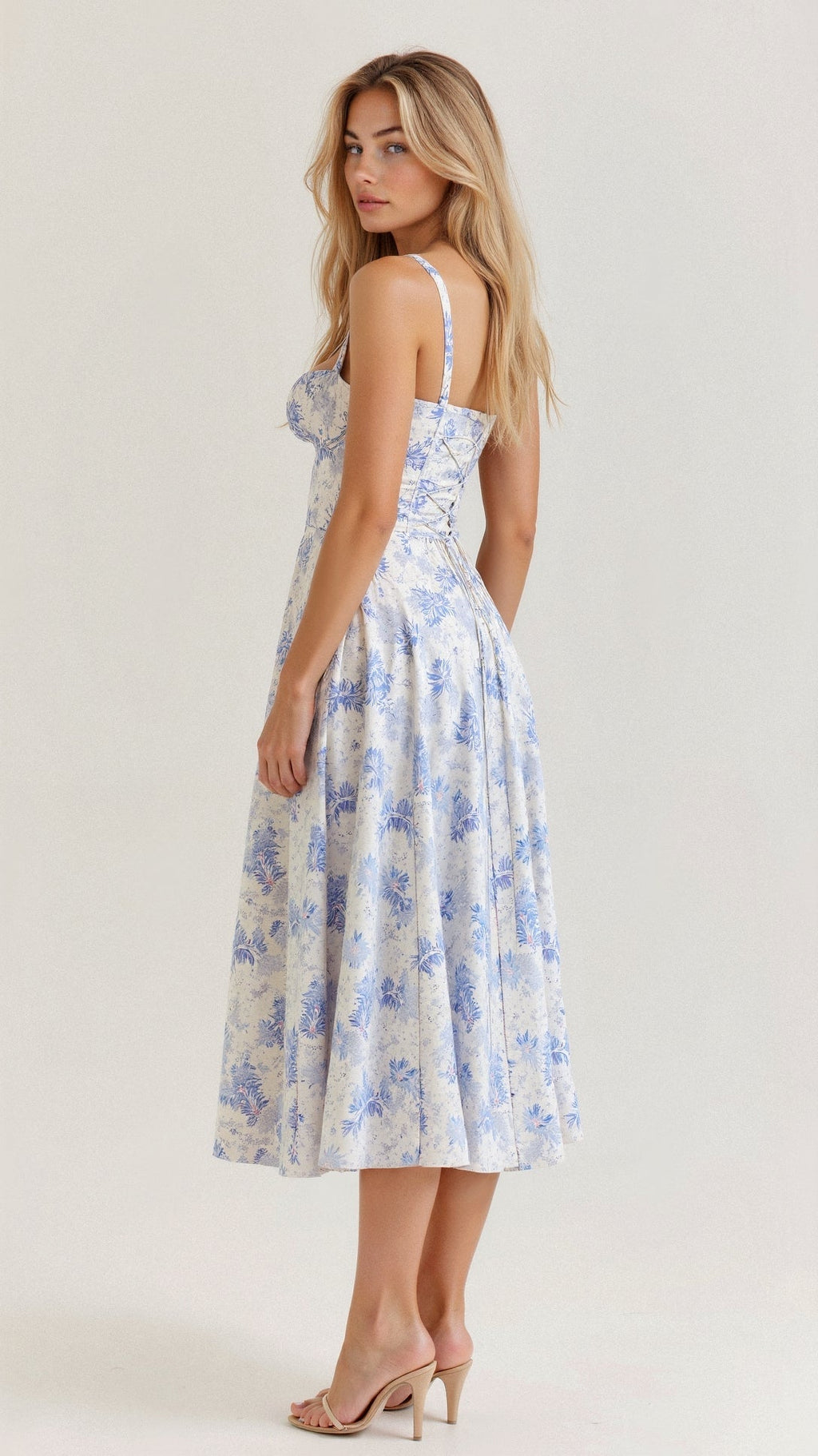 Refinado vestido midi de fiesta de invitada de boda con cuerpo de corsé y falda fluida | Midi