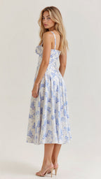Refinado vestido midi de fiesta de invitada de boda con cuerpo de corsé y falda fluida | Midi