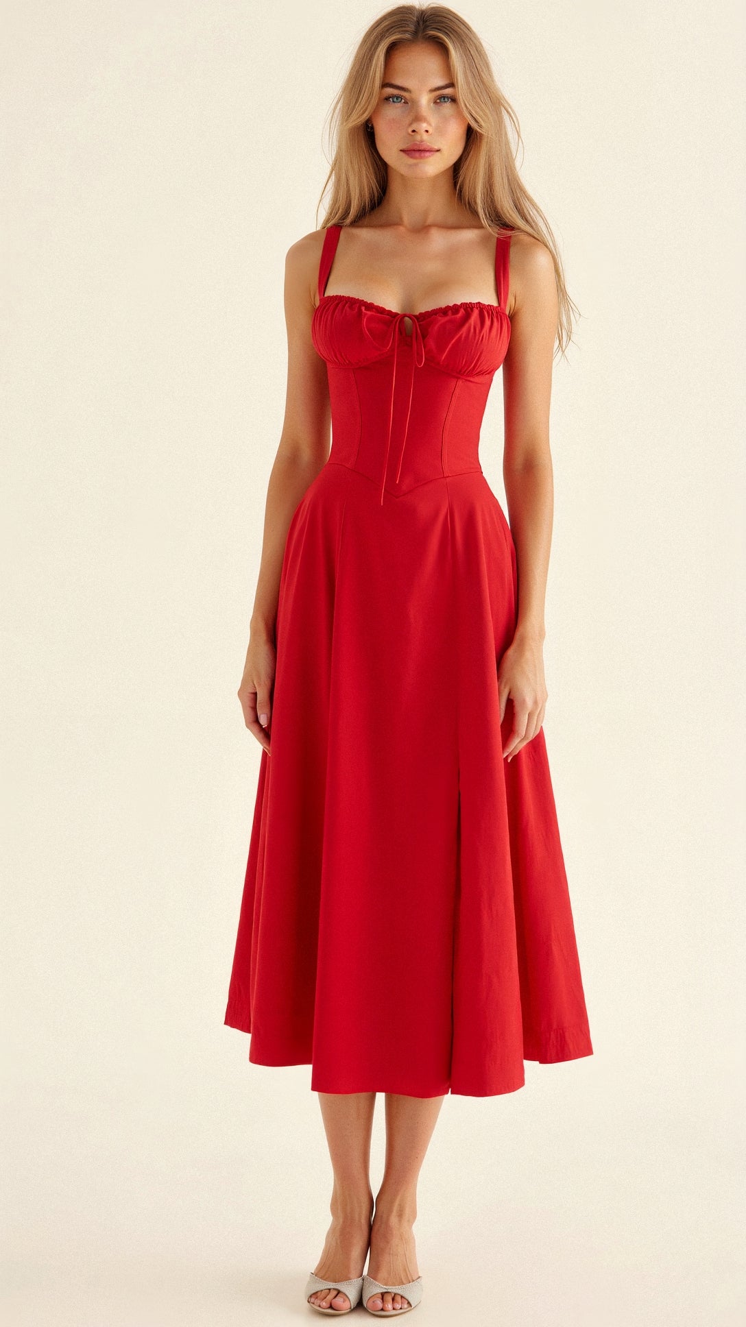 Refinado vestido midi de fiesta de invitada de boda con cuerpo de corsé y falda fluida | Midi