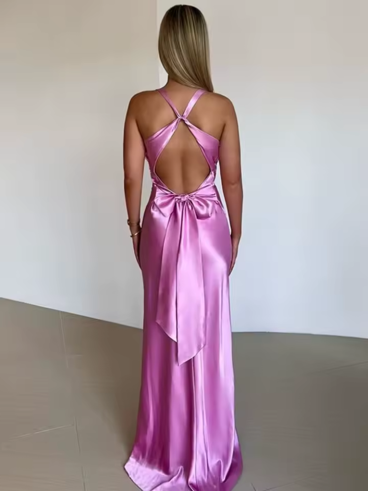 Refinado vestido largo de fiesta y de invitada de boda sin mangas con caída fluida | Maxi