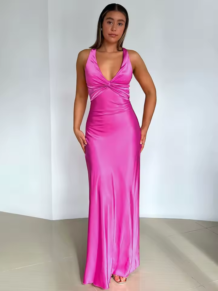 Refinado vestido largo de fiesta y de invitada de boda sin mangas con caída fluida | Maxi