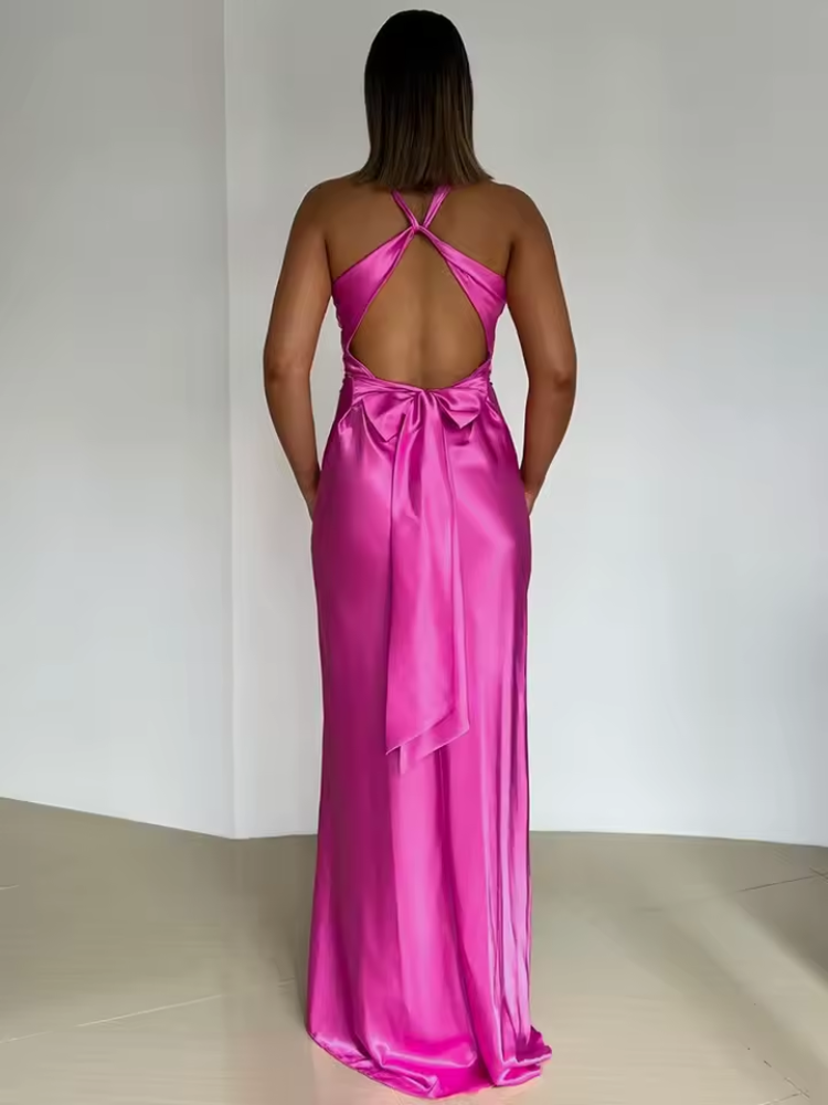 Refinado vestido largo de fiesta y de invitada de boda sin mangas con caída fluida | Maxi