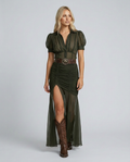 Vestido largo plisado de invitada con solapas y botones para mujer
