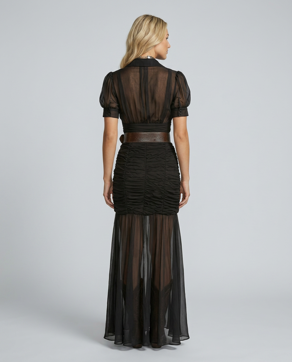 Vestido largo plisado de invitada con solapas y botones para mujer