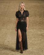 Vestido largo plisado de invitada con solapas y botones para mujer