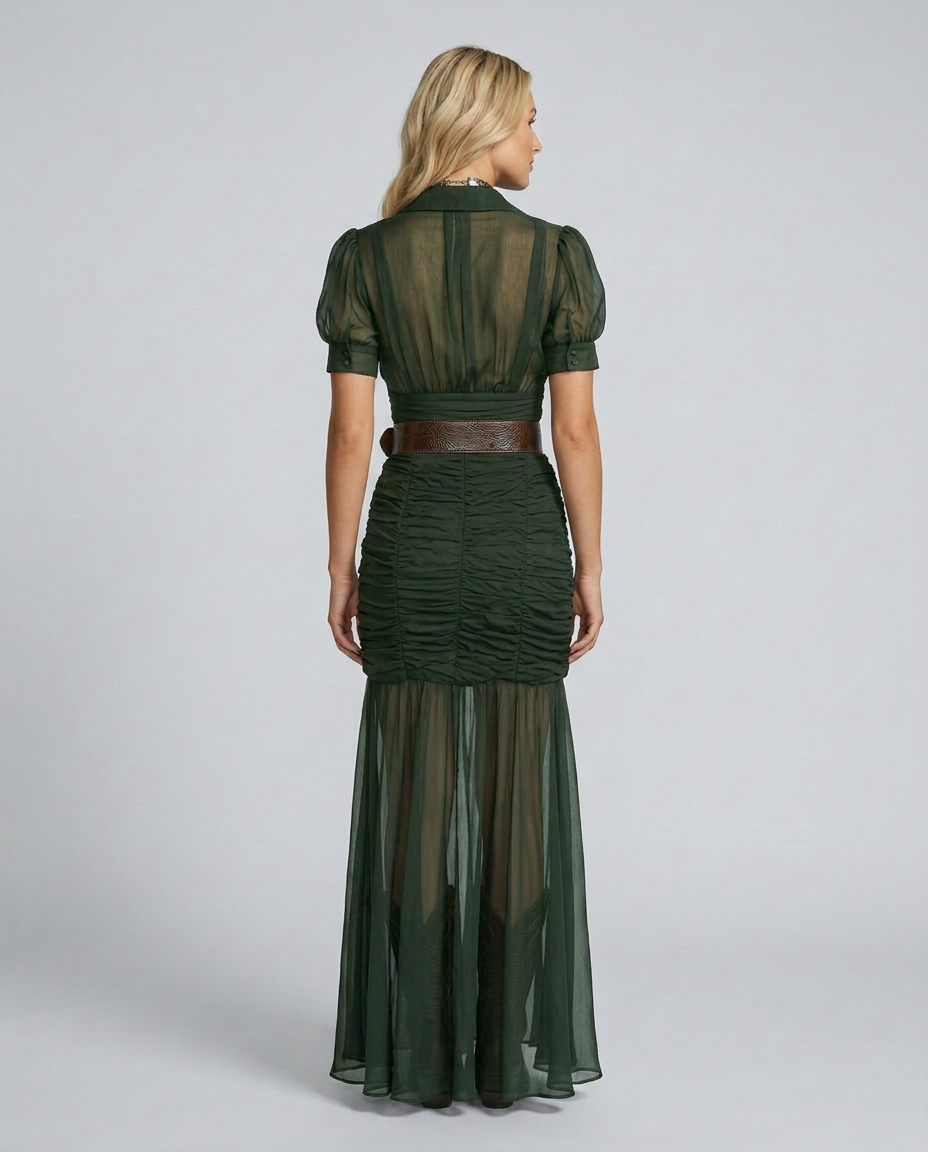 Vestido largo plisado de invitada con solapas y botones para mujer