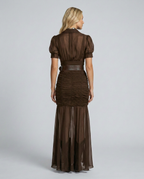 Vestido largo plisado de invitada con solapas y botones para mujer