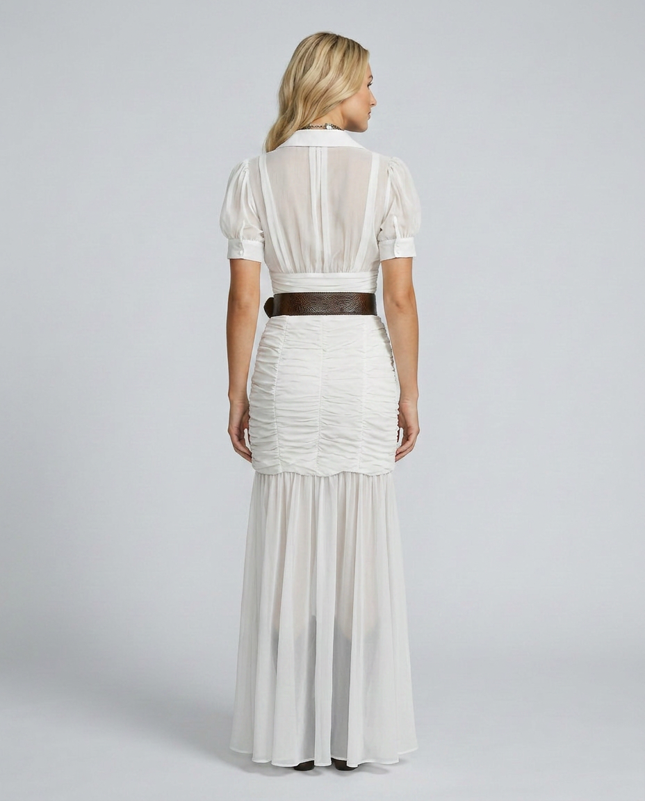 Vestido largo plisado de invitada con solapas y botones para mujer