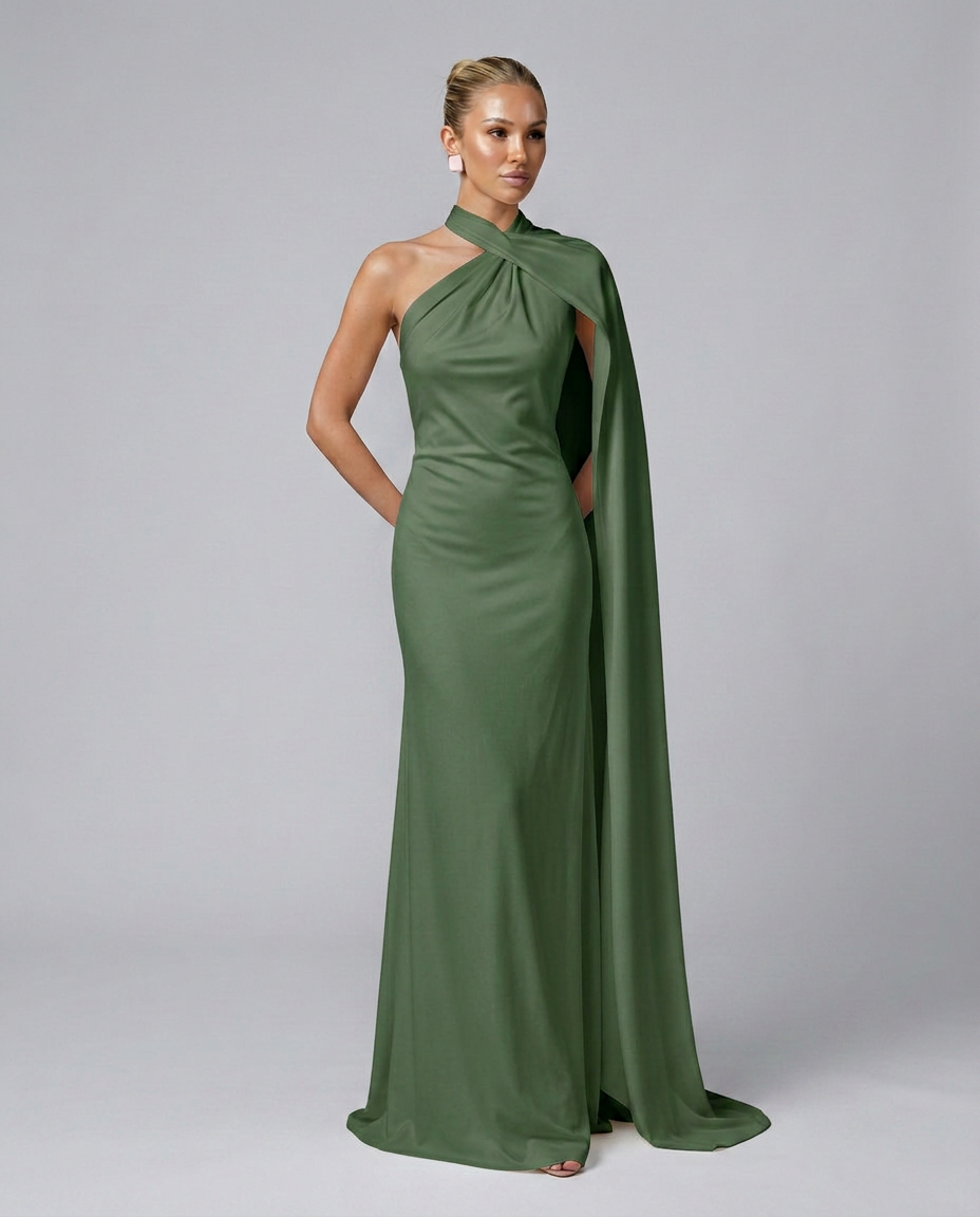 Vestido largo drapeado de invitada con un solo hombro