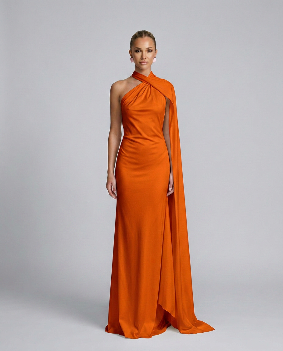 Vestido largo drapeado de invitada con un solo hombro
