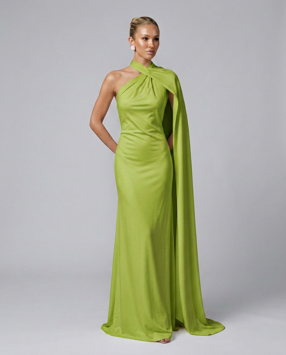 Vestido largo drapeado de invitada con un solo hombro