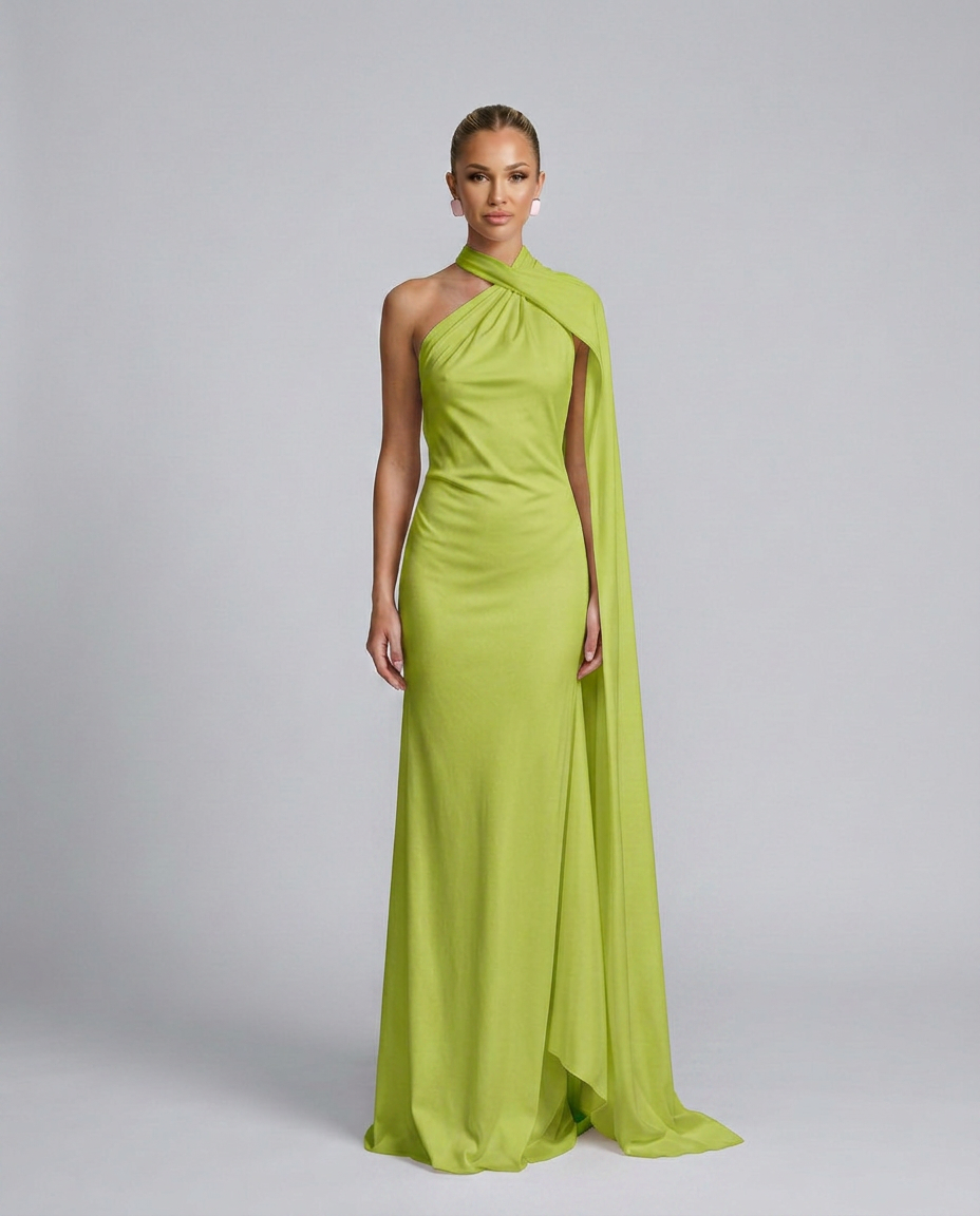 Vestido largo drapeado de invitada con un solo hombro