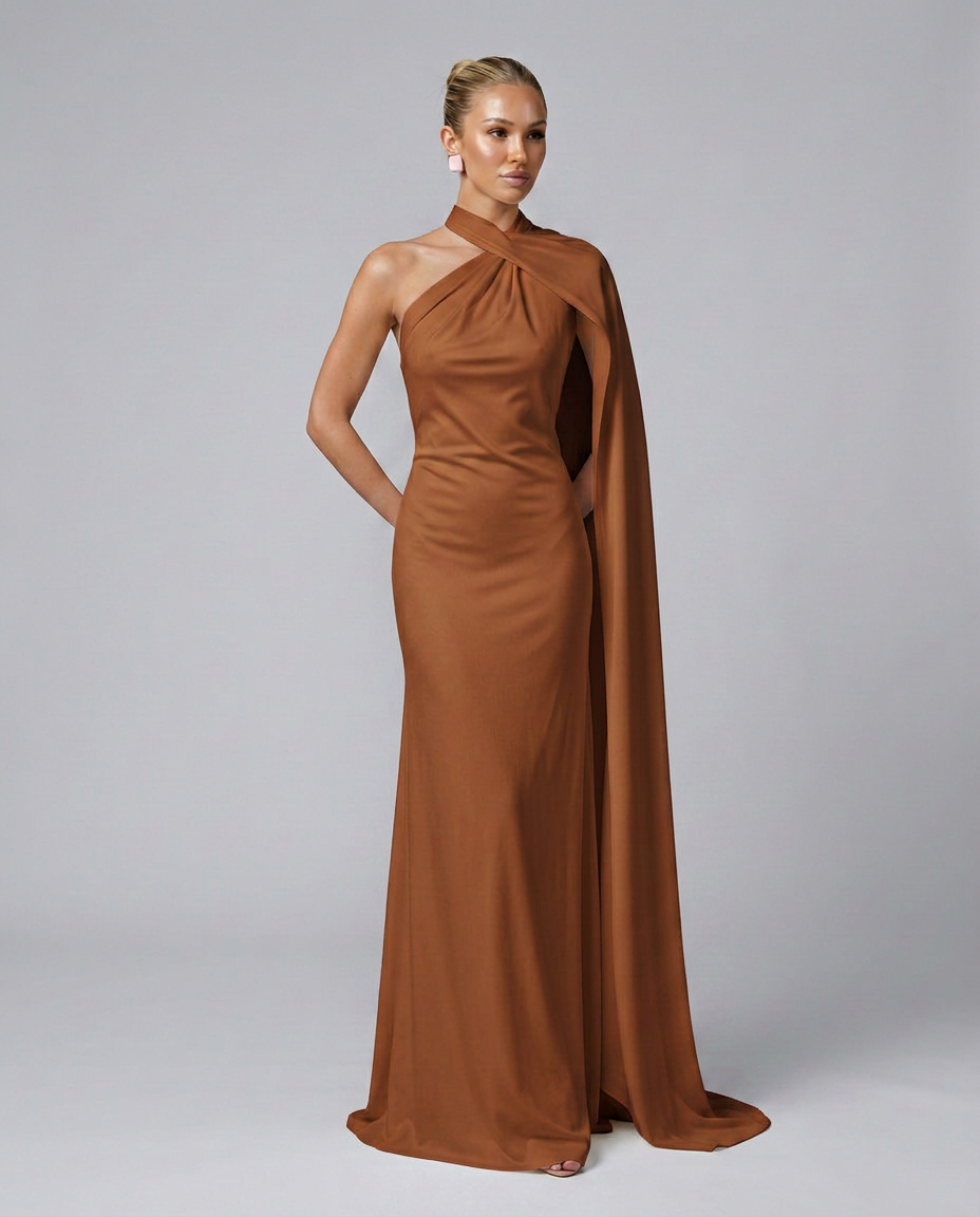 Vestido largo drapeado de invitada con un solo hombro
