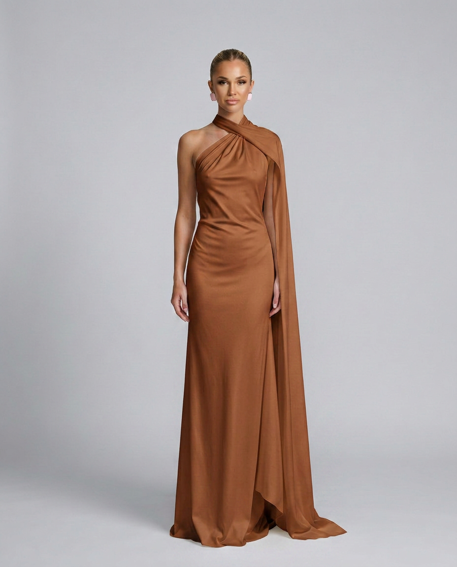 Vestido largo drapeado de invitada con un solo hombro