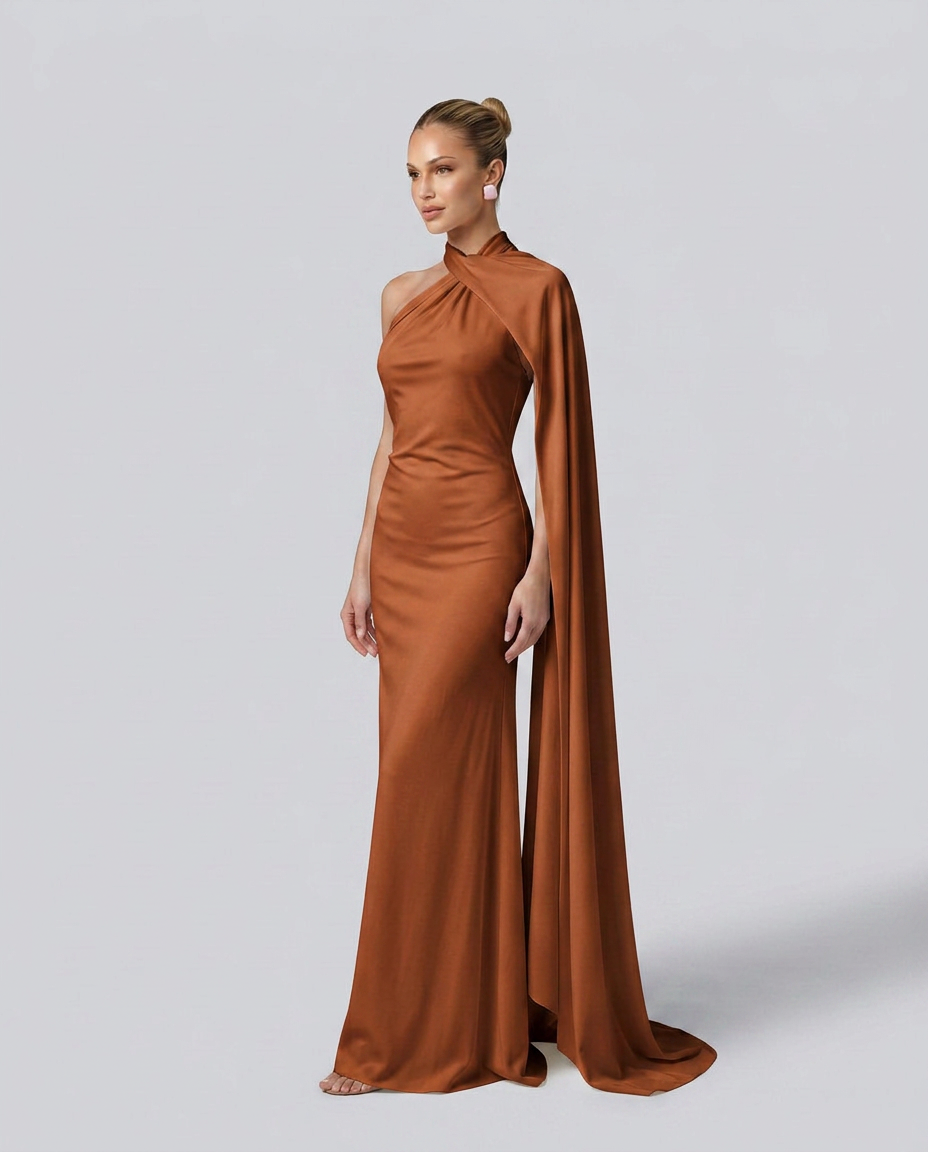 Vestido largo drapeado de invitada con un solo hombro